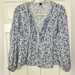 Old Navy Blue and White Floral Bohemian Blouse